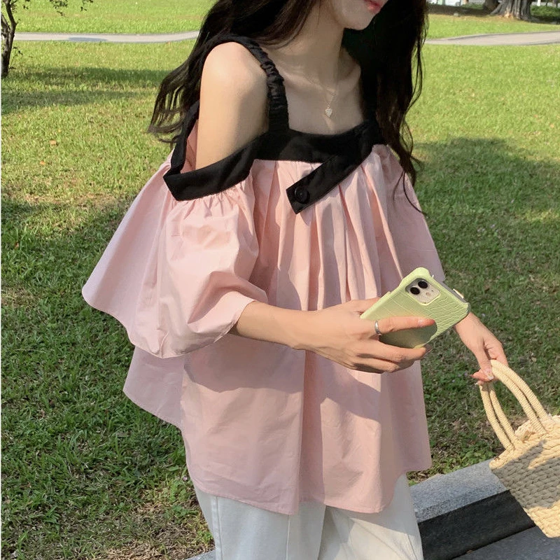 Spaghetti Strap Blouses Women Loose Sweet Girl Korean Style Ins Off Shoulder Young Fashion Simple All-match Irregular Tender New