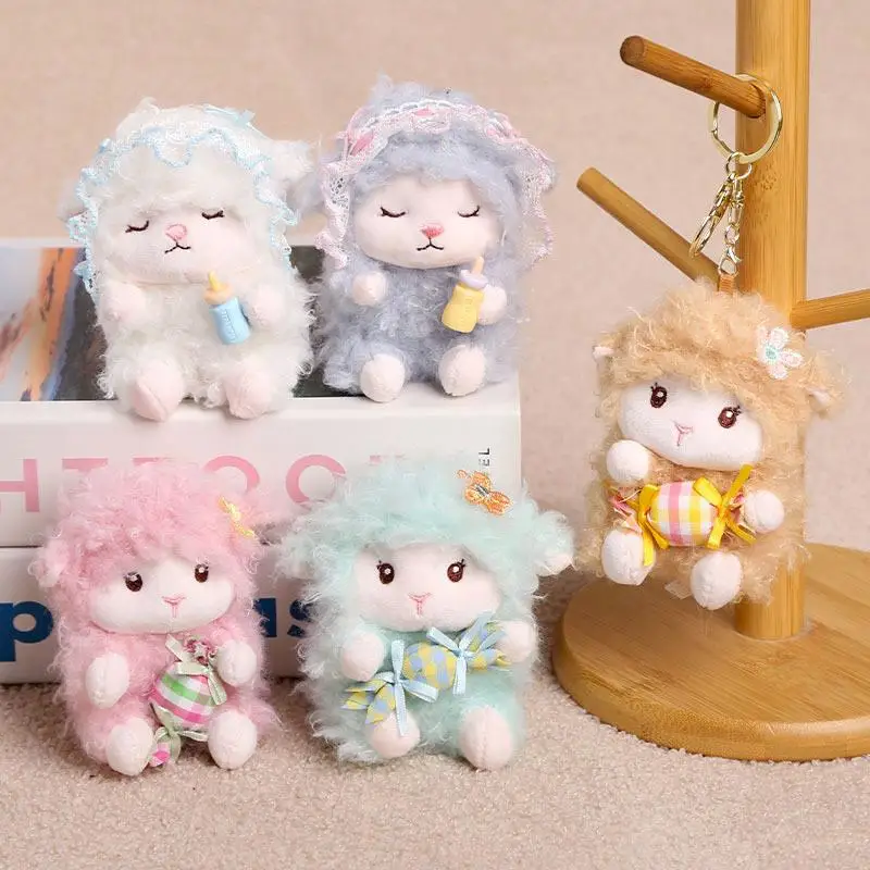 Candy Holder Pendant Plush Seated Sheep Keychain Pendant with Metal Ring Soft Cute Lamb Bag Charm Stuffed Accessory for Backpac