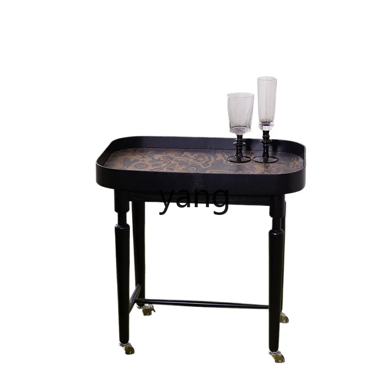 L'm'm Living Room Sofa Side Table Removable Black Corner Table Cherrywood Tea Table with Roller