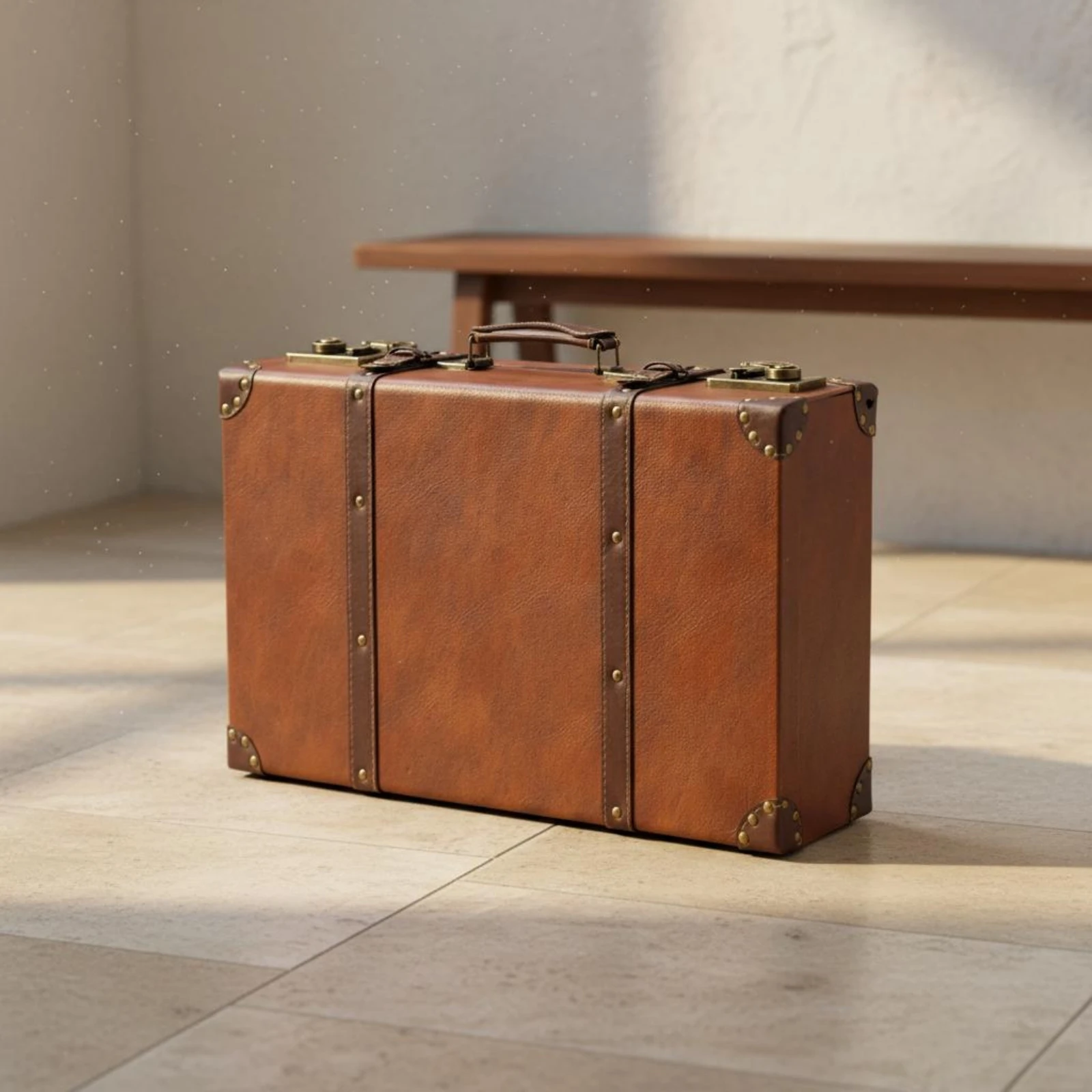 Vintage Leather Suitcase Metal Corner Guards Hard-Sided Leather Suitcase Travel Storage Case Rivet Details Decor Item Top Handle