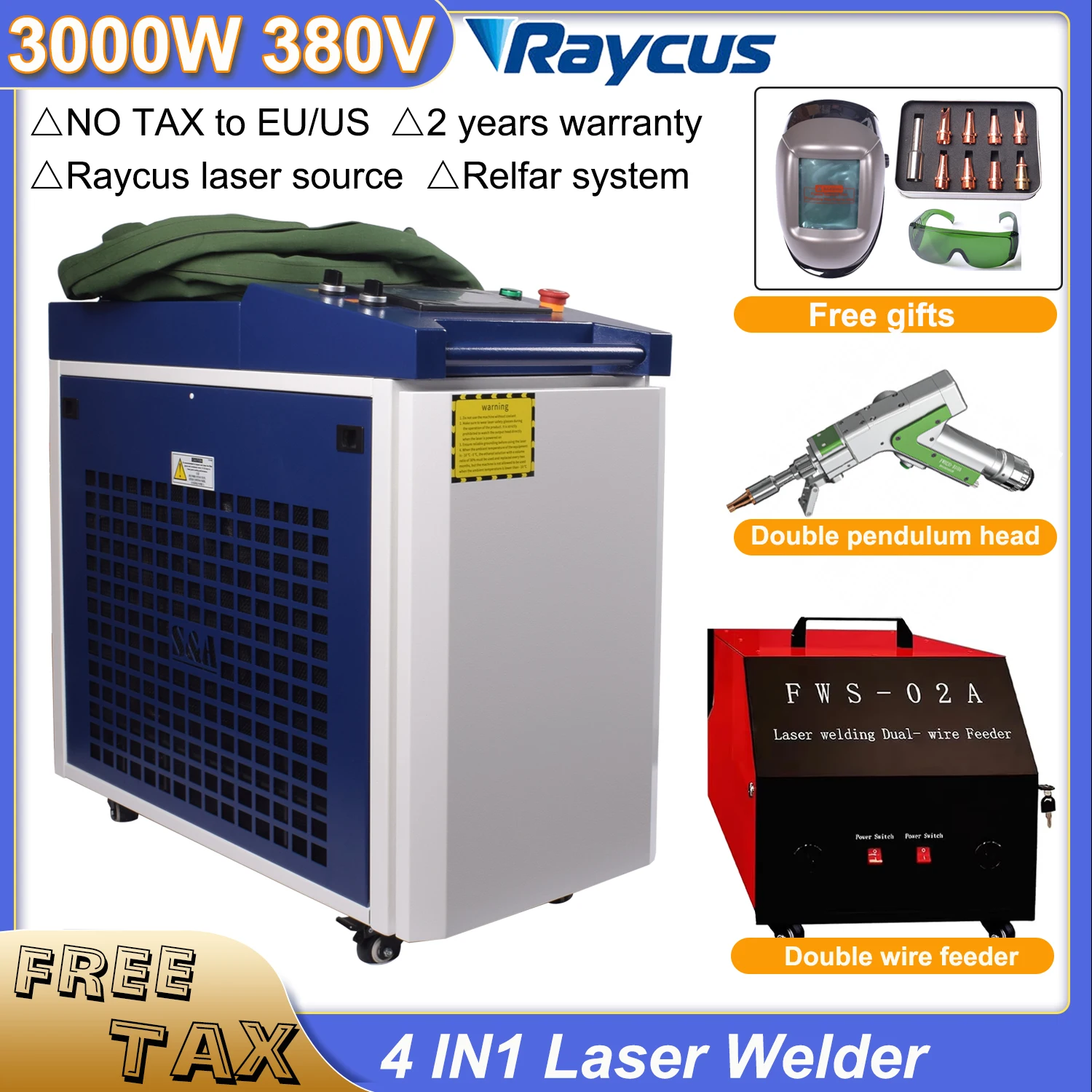 3000W Laser Welder 4IN1 Fiber Laser Welder Raycus Welder Double Wobble Head wire feeder for Metal Welding Cleaning Cutting 380V