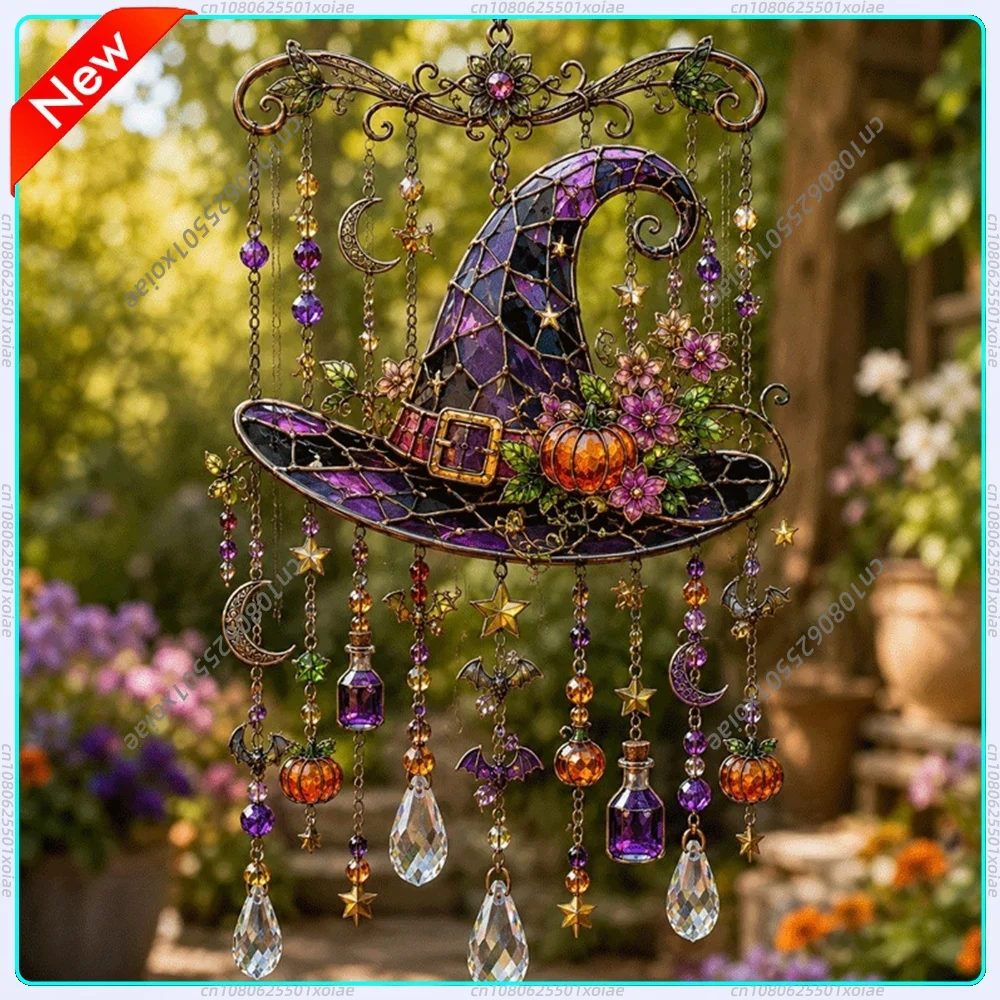 Halloween Wind Chime Suncatcher Acrylic Ghost Bat Pumpkin Black Cat Skull Witch Hat Decor Gift