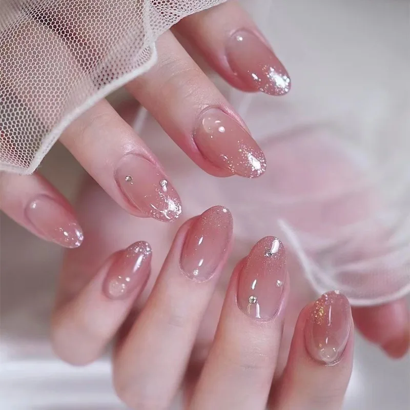 

24pcs Simple Nails Press Ons Short for Girls Blusher Gradient Fake Nail with Charms Glitter Adhesive False Nails with Glue 2025