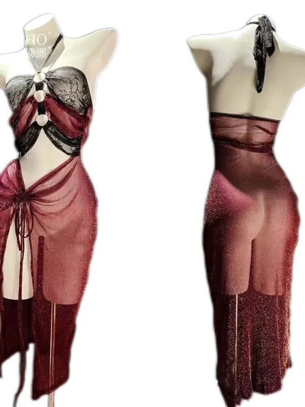 2025 New Sexy Chinese Style Hanging Neck Backless Hollow Out Mesh Sheer Dress Women Cinching Waist Slim High Slit Dress 53ZW