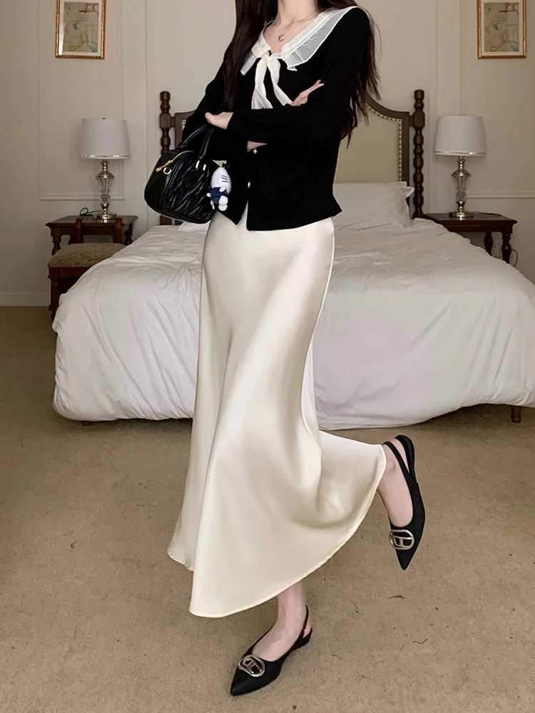 

Ele Drapey Midi Fi Tail Skirt High Waist Slimming Women's f Skirt Commute Korean Sle Polyester Fiber A-Line Skirt