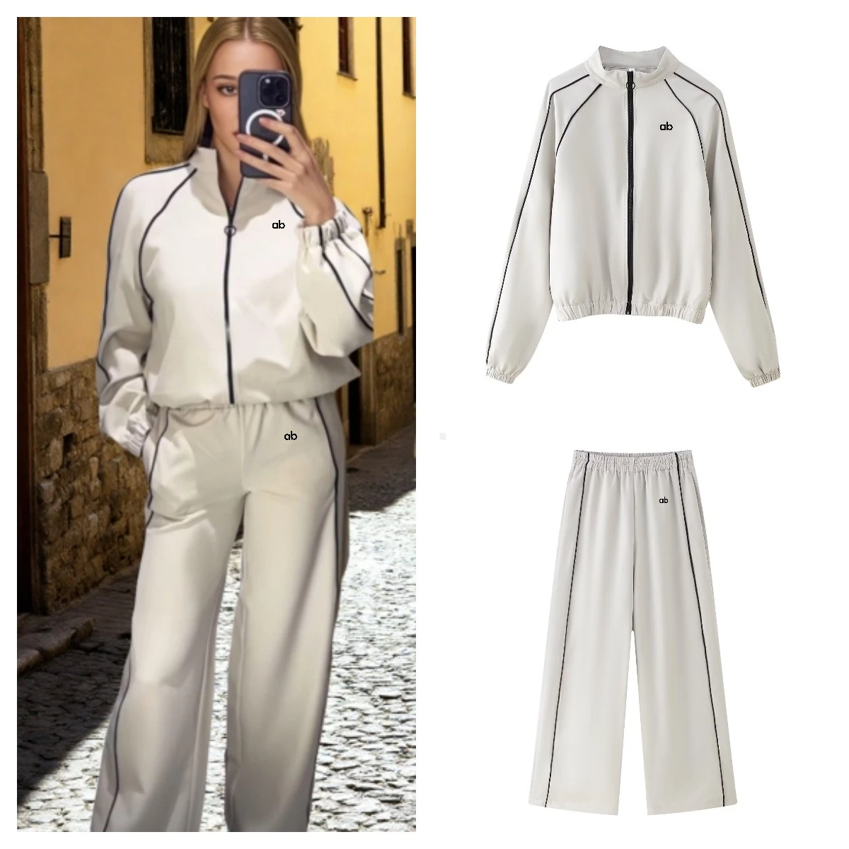 Women Color‑Trim Pilot Jacket Two‑Piece Suit Long Sleeve Elastic Waist Wide Leg Pants Loose Casual Sport Daily Streetwear Outfit