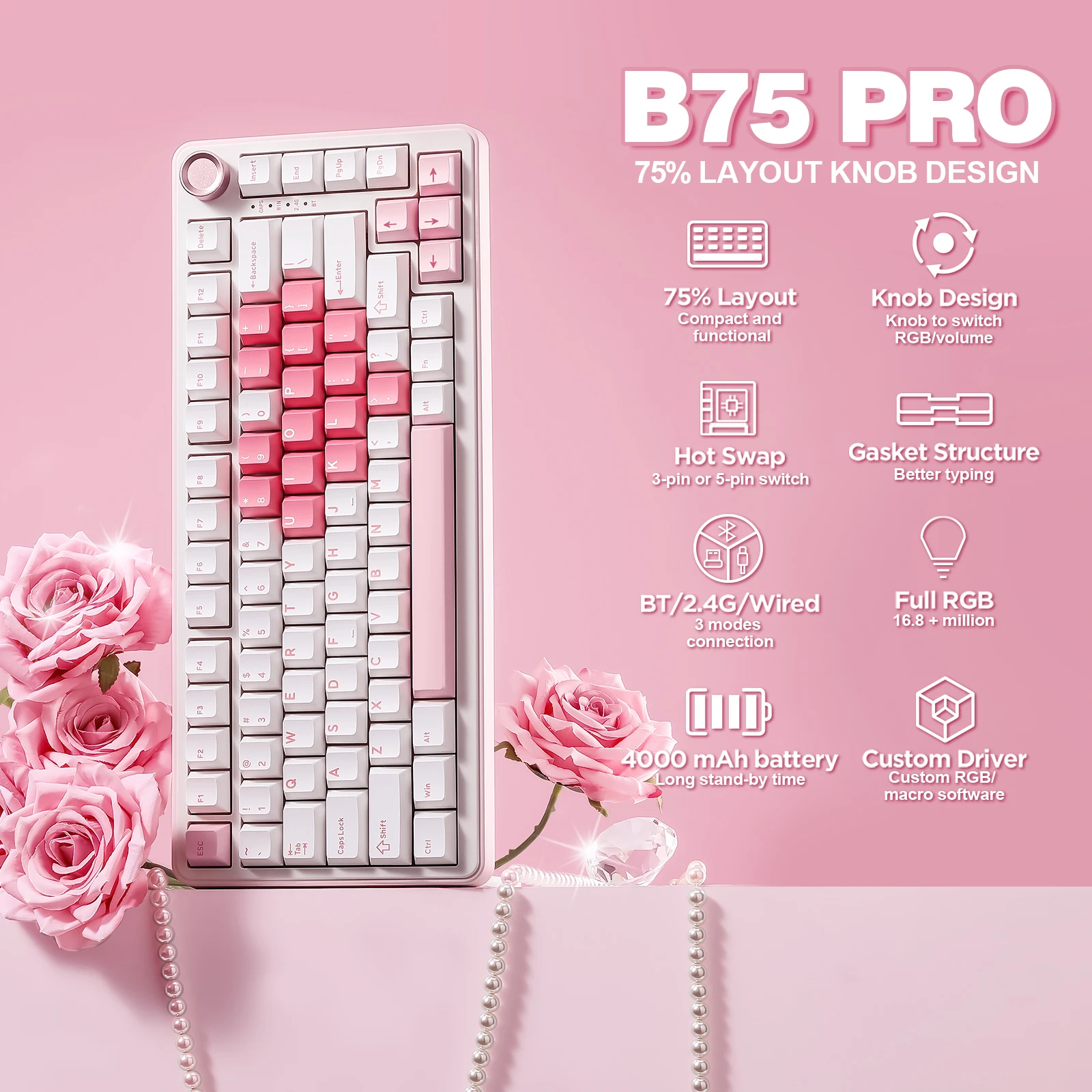 YUNZII B75 PRO 화이트 하트 기계식 게이밍 키보드, 개스킷 75 노브 RGB 키보드, 트리플 모드 핫스왑 커스텀 크리미 키보드