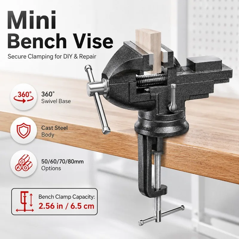 Heavy Duty Mini Bench Vise Cast Steel Table Vise 360° Swivel Clamp-On Workbench Vise for Woodworking Metalworking Repair