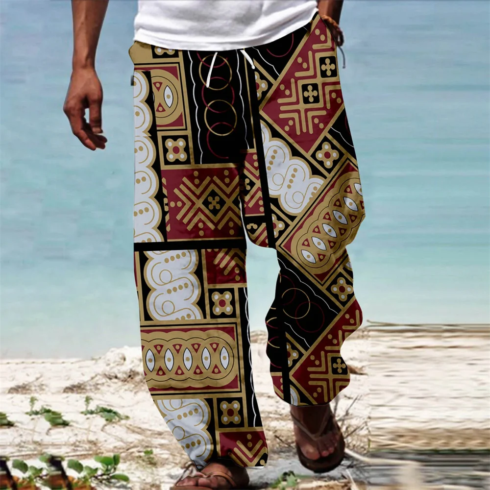 Men African Dashiki Traditional Style Casual Trouser Summer Hawaii Holiday Ankara Beach Drawstring Wide Leg Straight Pants