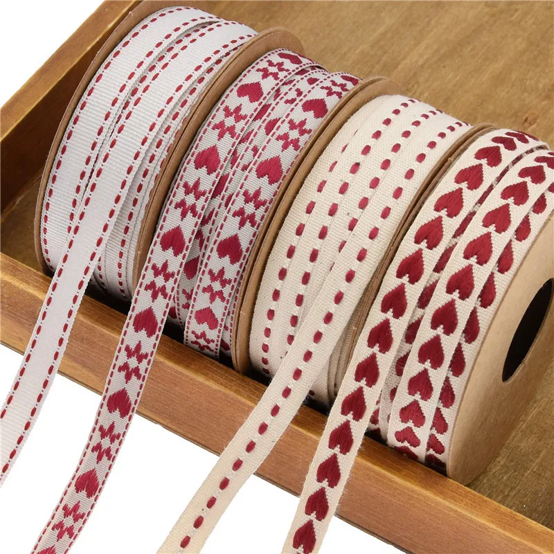 10yards/roll 10mm Cotton Hemp Heart Embroidery Ribbon for Diy Christmas Gift Bouquet Packaing Sewing Craft Decoraion