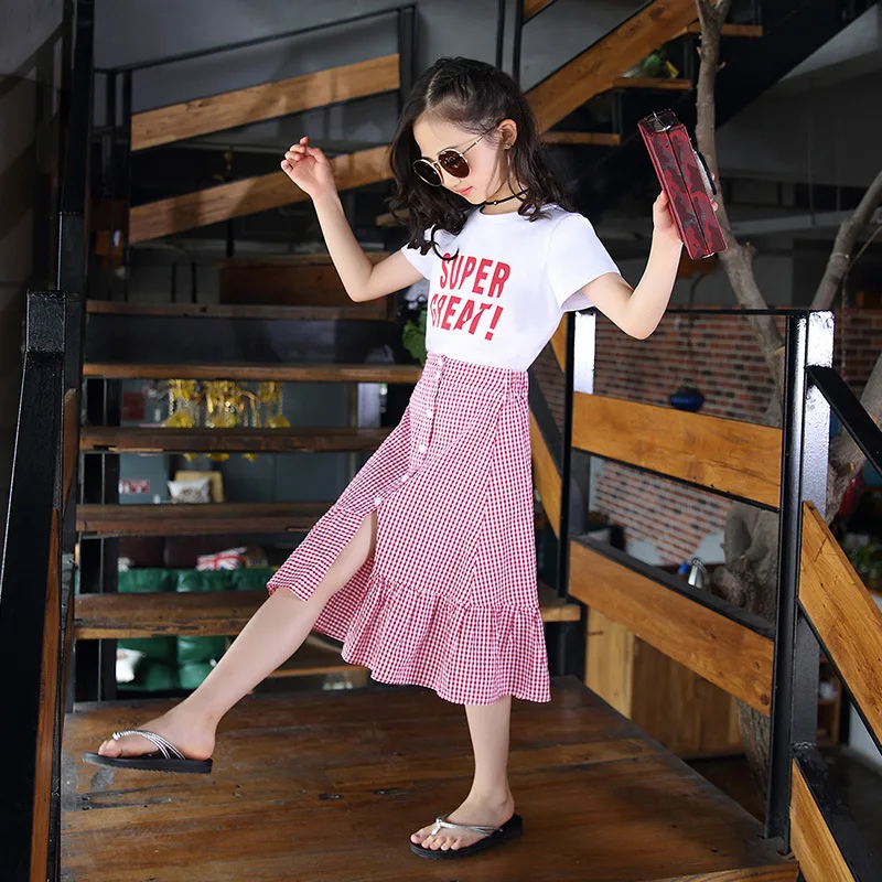 2024 new Summer Clothes Kids Girls Fashion Outfit Children Cotton Letter T shirt + Split Plaid Skirts 5 6 7 8 9 10 11 12 13 year