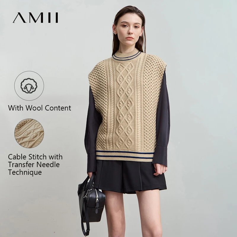 

AMII Women's Sweater 2025 Autumn New Commuter Knitted Sleeveless Vest Women Semi-turtleneck Versatile Loose Female Vest 12553046