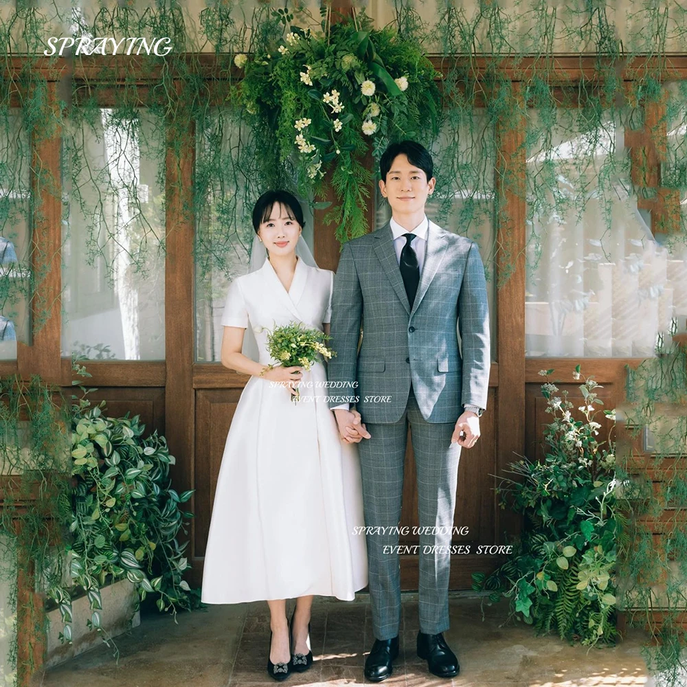 

SPRAYING Vintage V Neck Korea Wedding Dress Short Sleeve A Line Bridal Gown Soft Satin Tea Length 웨딩드레스 Custom Made