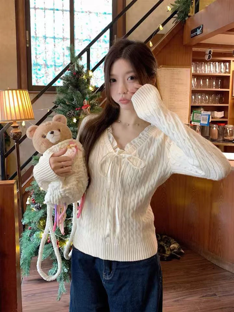 Sweet Bow Knit Sweater for Women Korean Chic Lace Up Long Sleeve Patchwork Slim Pullovers Autumn Winter All Match Jumper Mujer