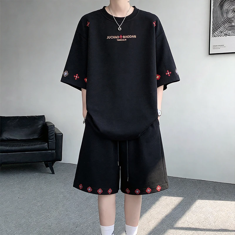 

2026 American Retro Tie-dye Suit For Men's Summer Teen Ice Silk Embroidery High Street Loose Casual Short-sleeved Shorts Suit