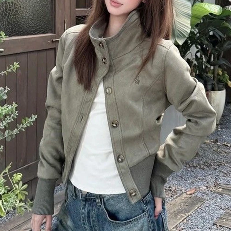 

Европейская и американская мода весна-осень: трендовое универсальное повседневное пальто-топ в стиле High Street, серо-зеленое, с воротником-стойкой