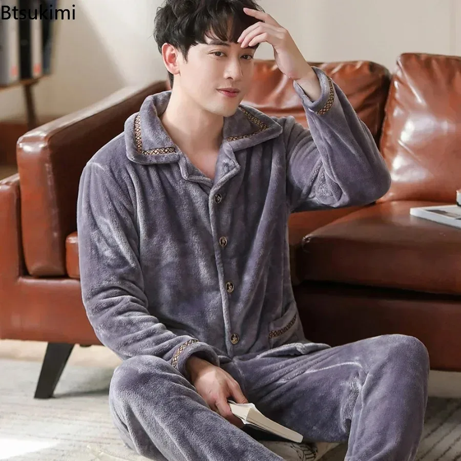 New 2025 Autumn Winter Men's Thicken Warm Flannel Pajamas Sets Soft Casual Sleepwear Long Pant Men Pajamas Sets Nightwear Male