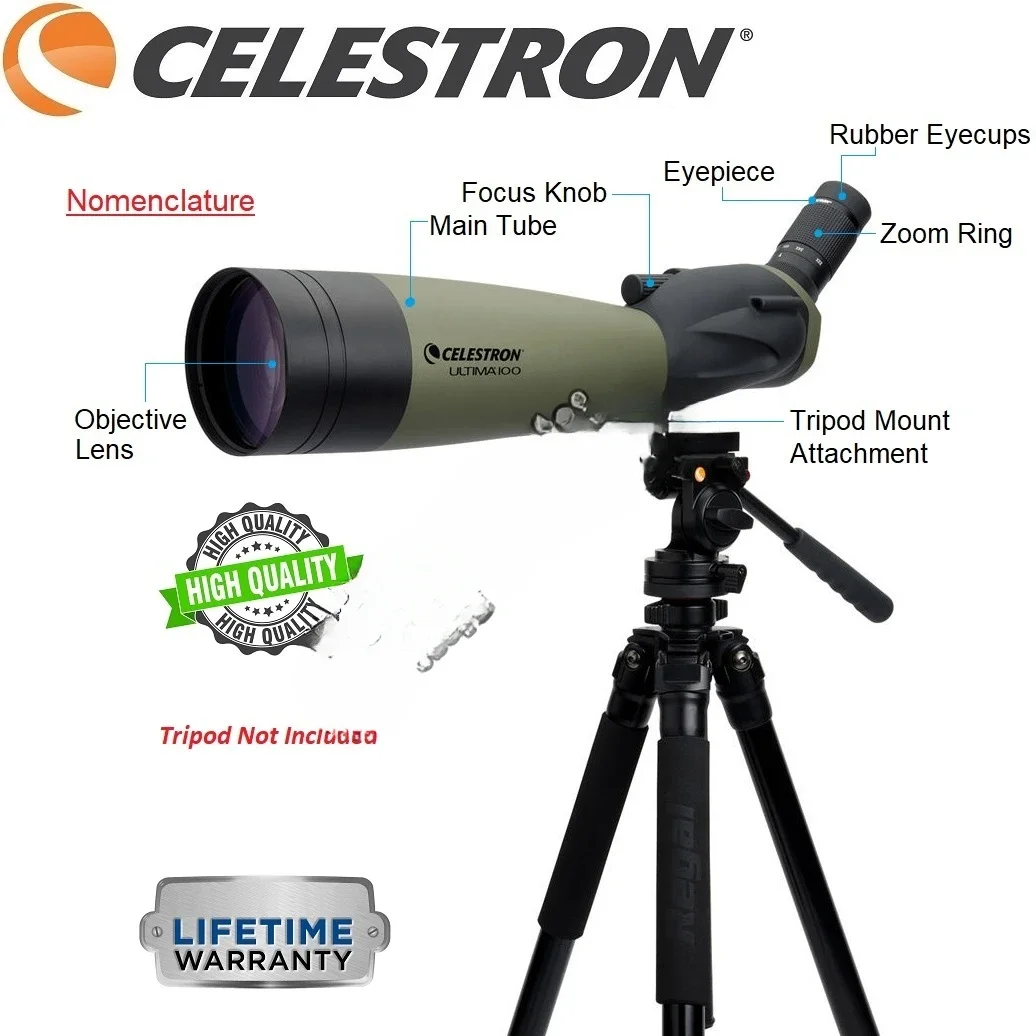 Celestron Ultima 100 22-66x100mm Spotting Scope Wide-Angle Zoom Eyepiece Multi-Coated Water and Fogproof Bak-4 Monoculars