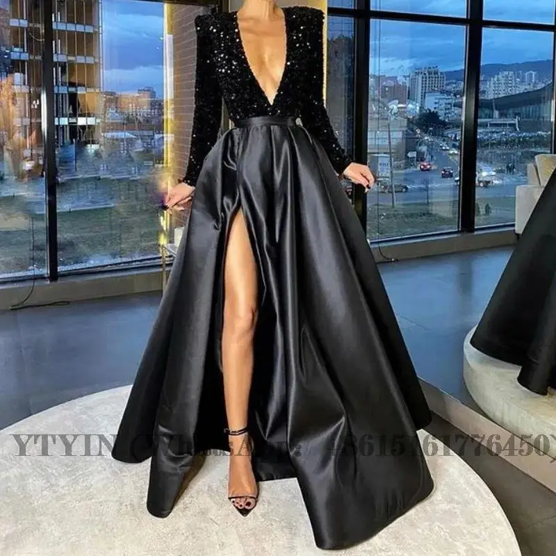 

A-Line Sparkle Party Wear Formal Evening Dress V Neck Long Sleeve Floor Length Satin Sequin With Crystals Split 2022