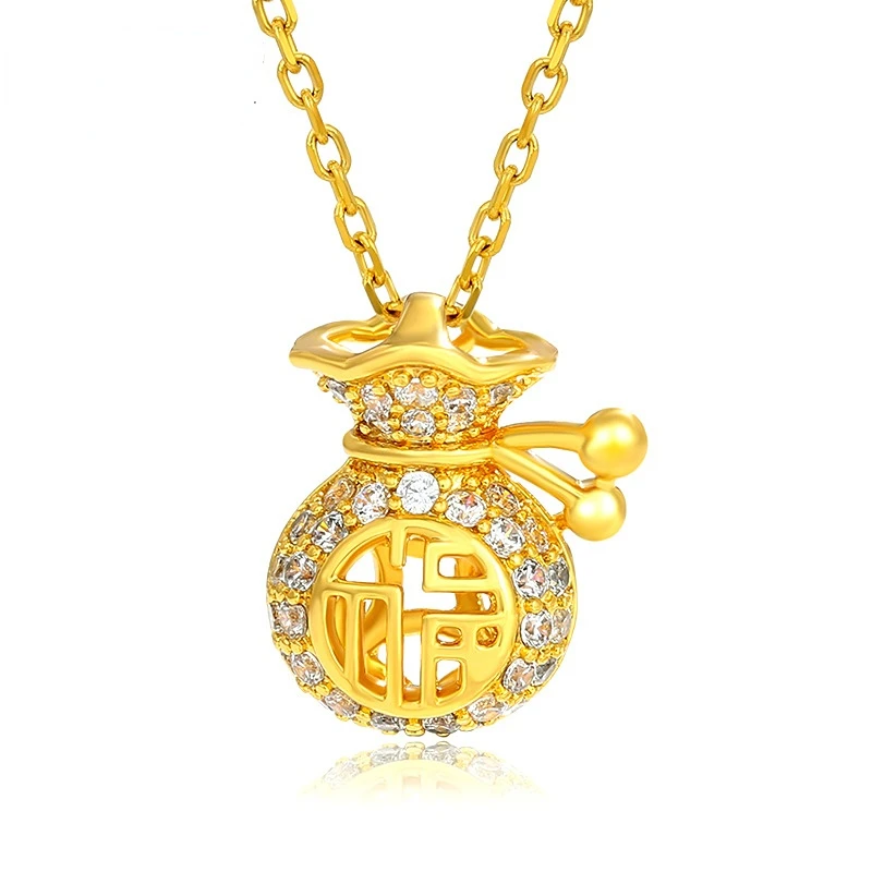 

Real 18k 3D Hard Gold Fortune Purse Pendant Necklace for Women Bride Gold Chain Necklace Wedding Engagement Fine Jewelry Gifts