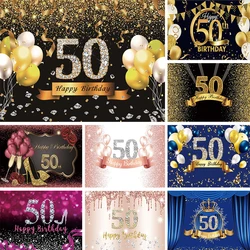 50th Birthday Backdrop for Man Woman 50 Years Birthday Party Decorations Banner Black Gold Balloons Photo Background Photography