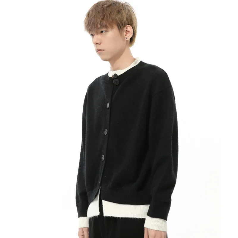 Korean Style Men's Cardigan Single Breasted Fake Two Pieces Round Collar Loose Knitting Loose Male Sweaters 2024 Autumn