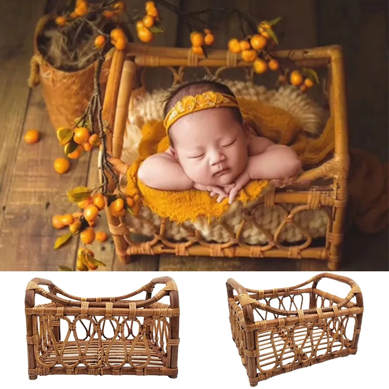 Newborn Photoshoot Props Vintage Long Lie Down Rattan Basket Chair Handmade Woven Baby Crib Posing Infant Photographic Supplies