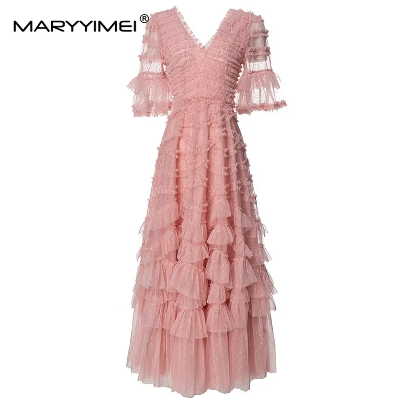 

MARYYIMEI New Fashion Runway Designer Women's V-Neck Fairy Style Bubble Short-Sleeved Wooden Ear Layered Cake Tulle Dress