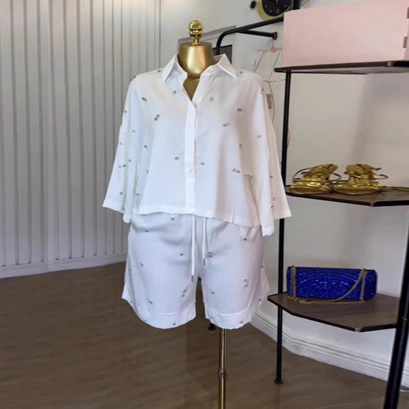Summer Shirt Tops Women Shorts Sets Fashion Turn-Down Collar Loose Rhinestone Shirt Wide-Leg Shorts Casual Set Outfits 2026