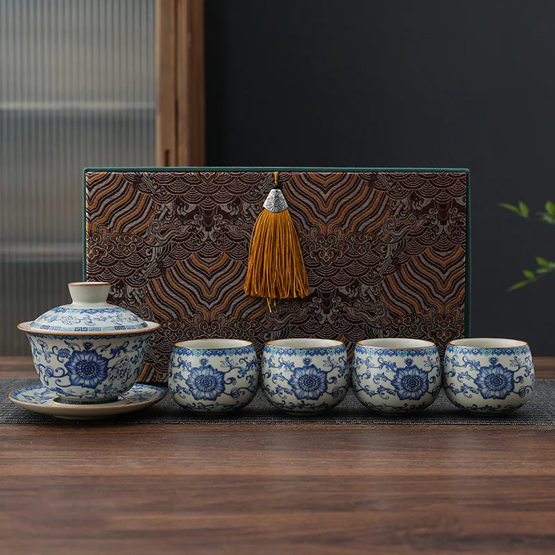 

Ceramic Twining Lotus Ru Kiln Tea Set Business High-end One Pot Two Cups Kung Fu Tea Set Tea Brewing Pot Gift Box Set