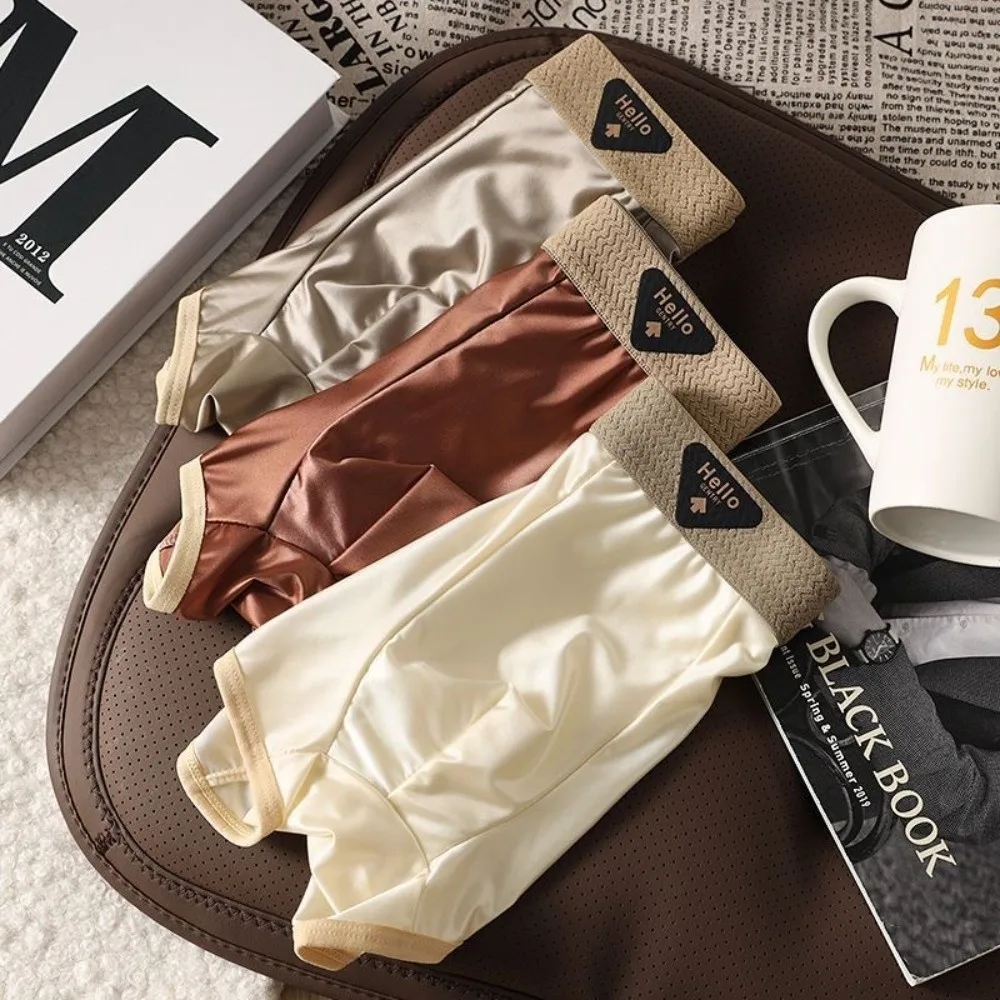 3Pcs Breathable Thin Satin Silk Boxer Briefs Seamless Mid Waist Ice Silk Boxers Lingerie Solid Color Underwear for Men Men