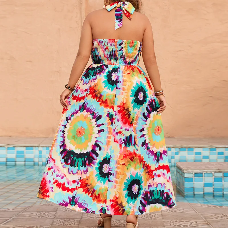 Women Plus Size Bohemian Beach Dress Tie Dye Summer Long Dress Thigh Tie Backless Halter Neck Maxi Dress Mixcolor Holiday Dress