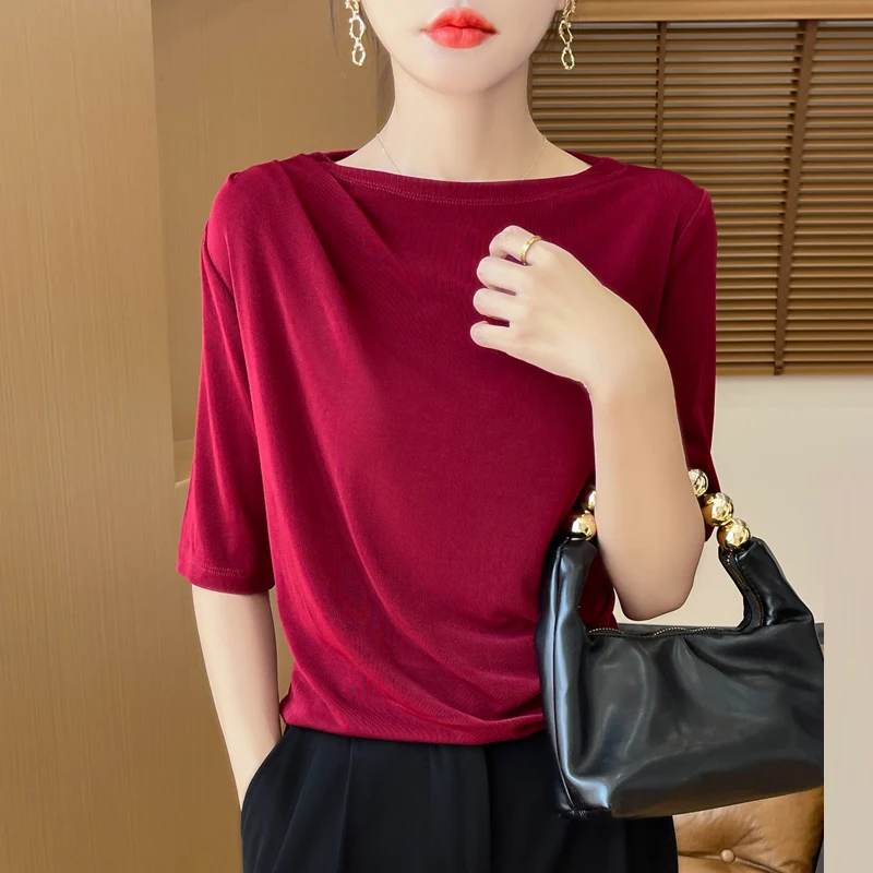 

Spring/summer 2024 new worsted sweater ladies short sleeve O-neck solid color high-end fashion T-shirt