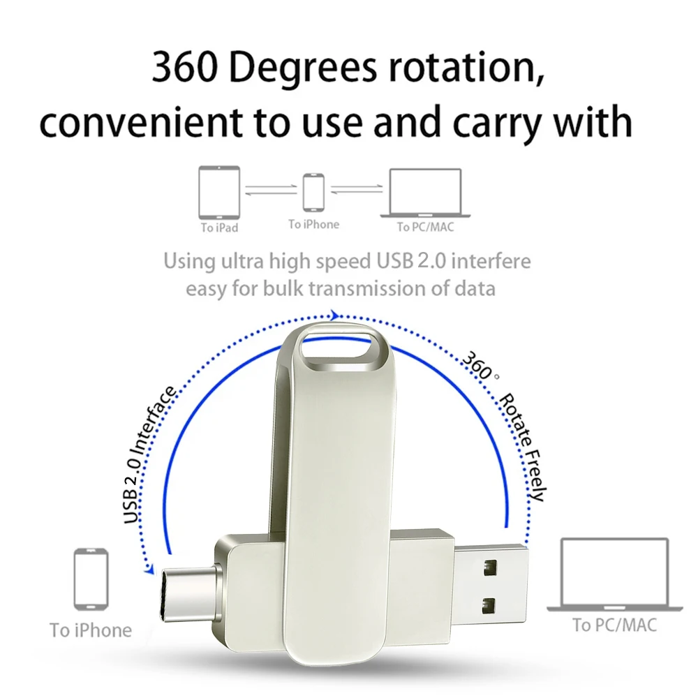 Pen Drive de memória portátil, Disco 2 em 1 U, USB 2.0, Interface Tipo C, Smartphone, Transmissão por Computador, Metal, 128GB, 64GB, 32GB