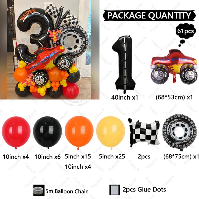 61 قطعة سباق السيارات موضوع الإطارات احباط بالون مجموعة متقلب العلم 1-9 سنة بنين حفلة عيد ميلاد الديكور سحب سريع استحمام الطفل #4