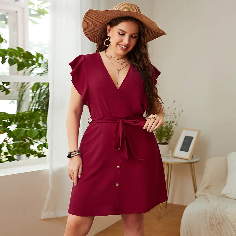 Della Mel Plus Size Women Clothing Dresses Summer Chiffon Deep V Sexy Red Mini Dress Elegant Casual Large Size Party Dresses 4XL