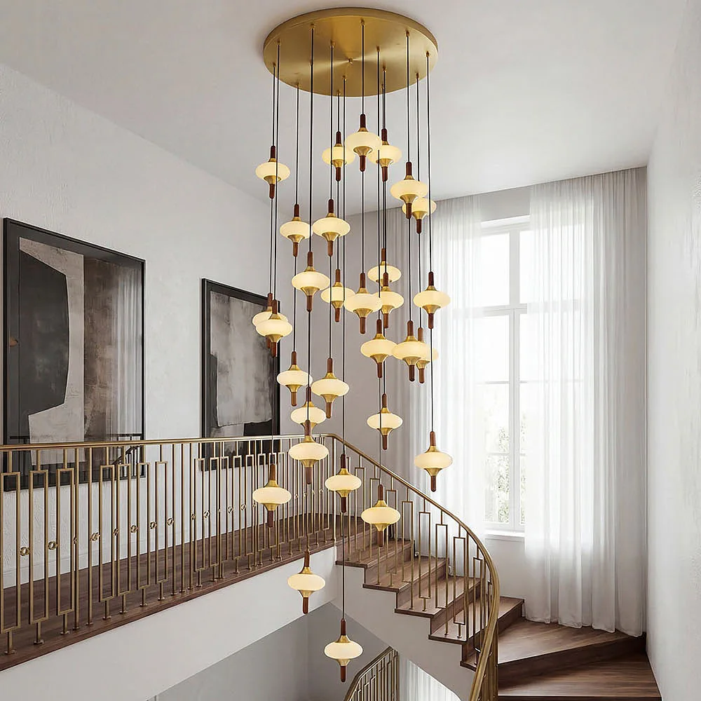 Modern Gold LED Staircase Marble Chandelier with Alabaster Lampshade, Multi-Light Pendant for Villa Loft