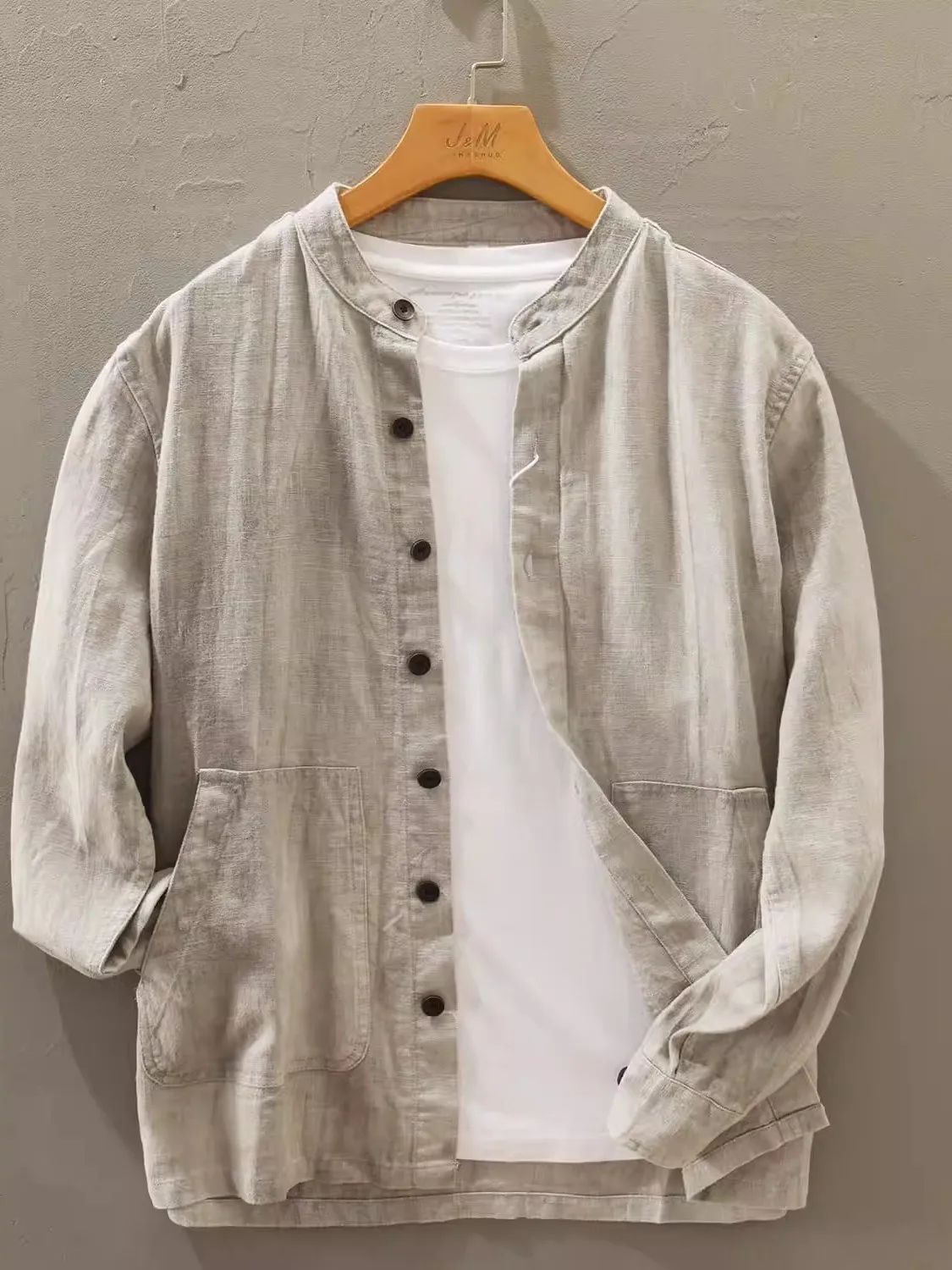 

Retro Linen Stand Collar Long Sve irt Men's Spring Autumn New Sle Artistic Simple Versatile Multi ket Jaet