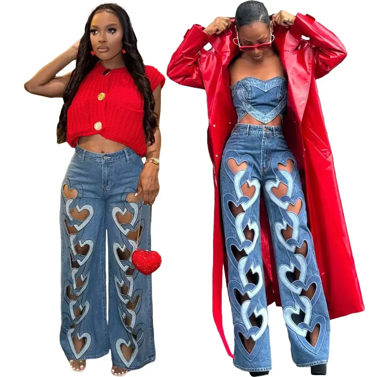 

Straight Jeans for Women Hollow Out Wide Leg Pants High Waist Stretch Distressed Denims Streetwear Female Ankle Length Trousers