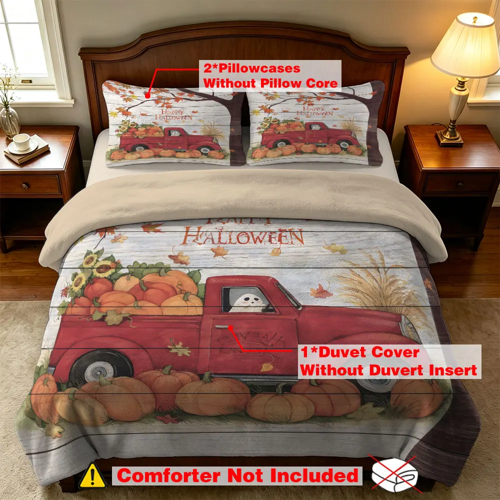 3PCS Halloween Red Truck Pumpkin Maple Leaf Milk Velvet Bedding Set No Filling 1 Duvet Cover 2 Pillowcases Soft Warm Winter H