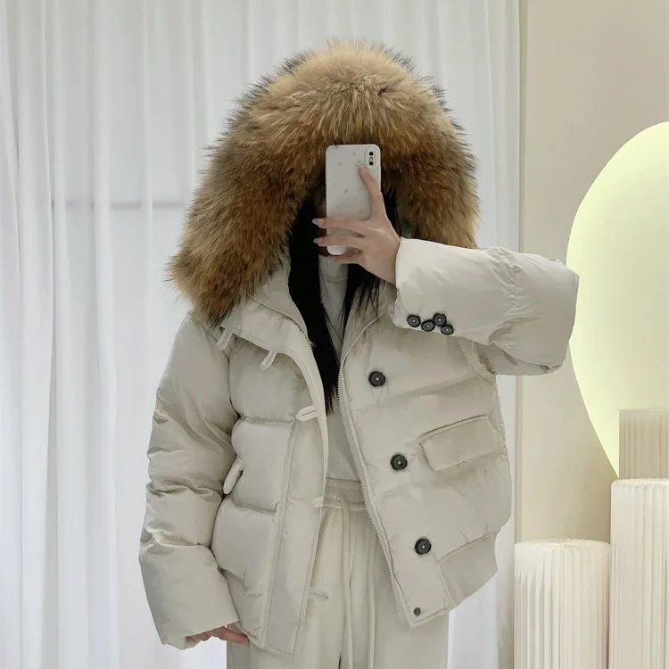 

Winter New Real Fox Fur Snow Parka Wool Collar White Duck Down Jacket Women's Loose Thick Oversize Winter Coat Outwear