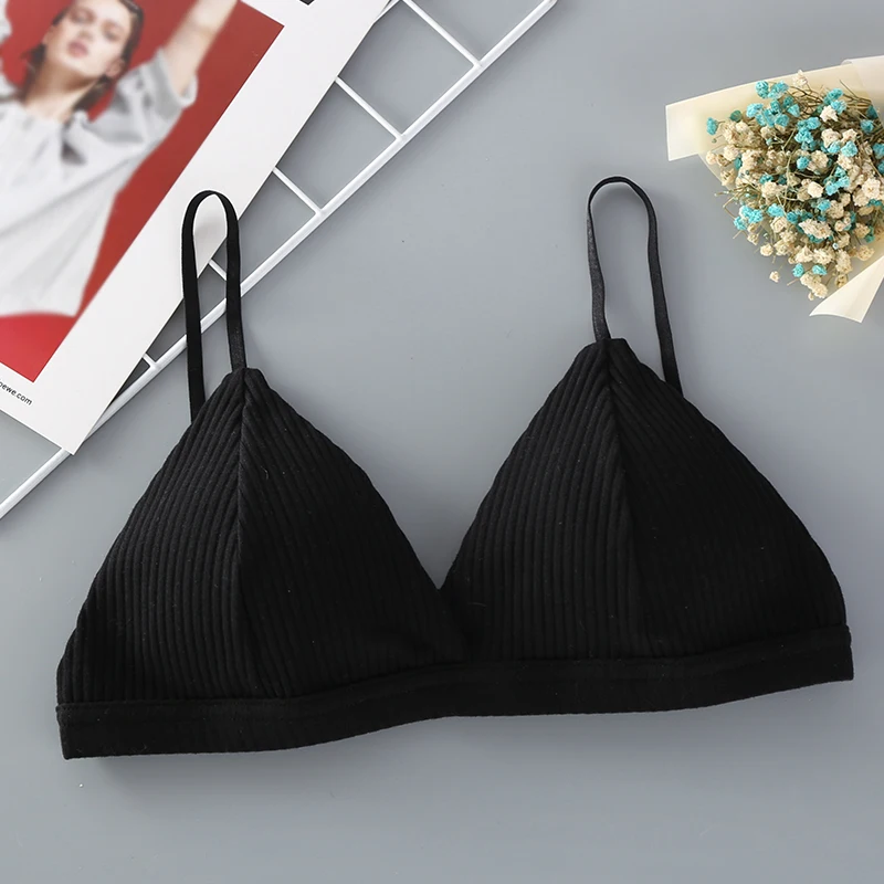 Women Sexy French Triangle Bra Solid Knit Rib Full Coverage Wireless Adjustable Thin Padded Brassiere