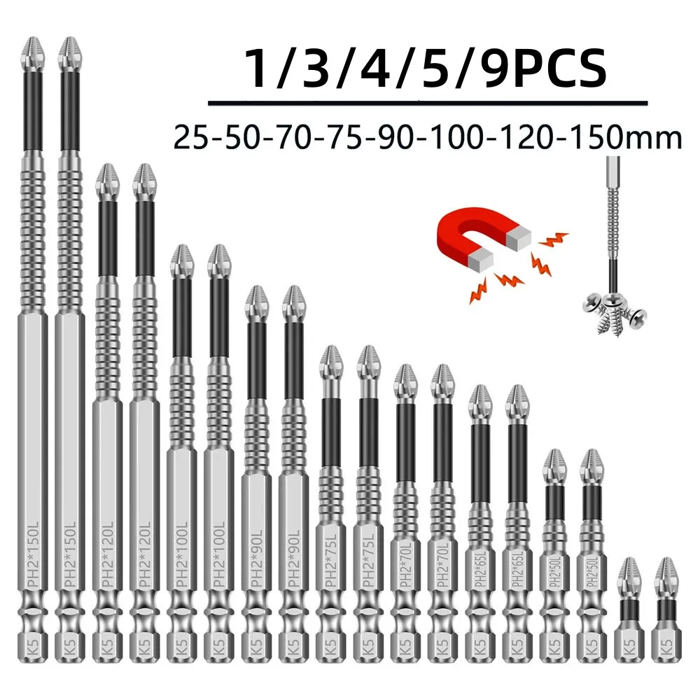 K5 High Magnetic Phillips Screwdriver Bits Anti-Slip Teeth Electric Drill Screwdriver Bit Set Multiple Lengths 25-150mm