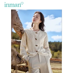 INMAN Women Knit Cardigan 2023 Autumn Long Sleeve Round Neck Loose Sweater Literary Cow Horn Buckle Petal Hem Fashion Tops