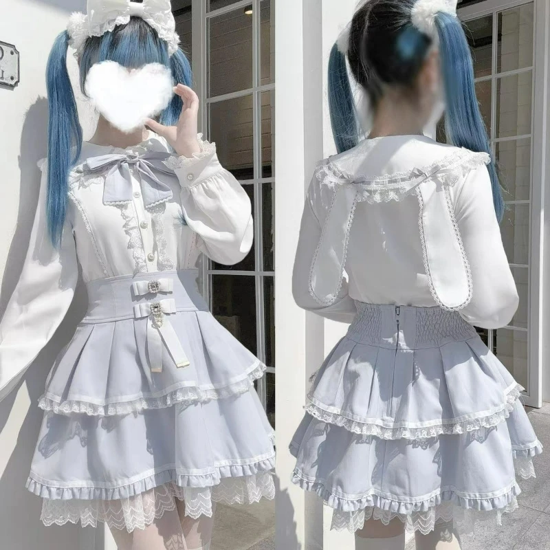 

Japanese Sweet Lolita Blouses Women Kawaii Bow Bunny Ear Long Sleeves JK Shirts Girls Casual Cute Lace Ruffles Blusas Mujer Tops