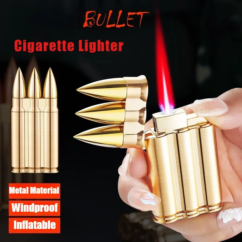 

2025 New Three-bullet Butane Inflatable Red Fire Lighter Metal Body Windproof Open Flame Cigarette Lighters & Smoking Accessorie