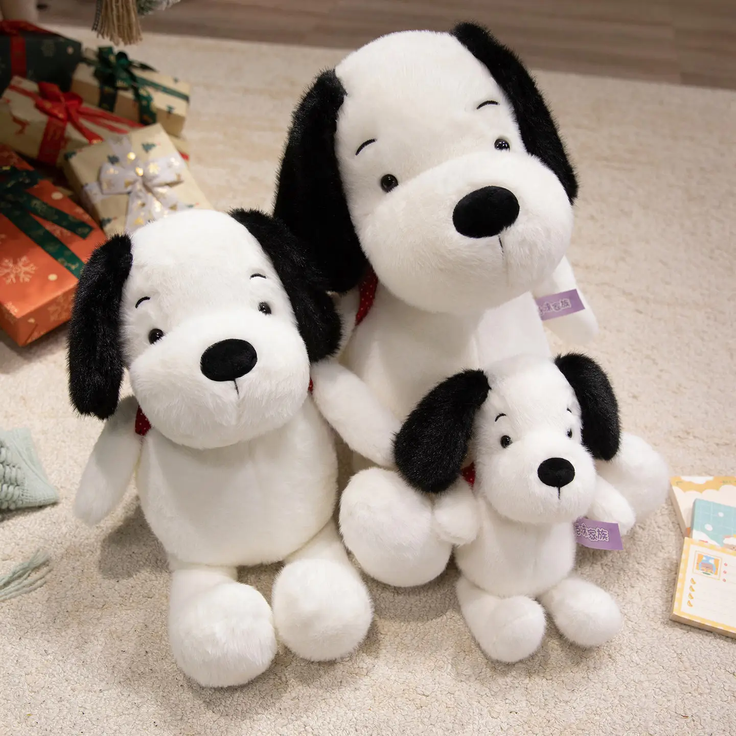 

30/46/60cm Big Head White Dog Doll Stuffed Black Long Ears Soft Animal Cartoon Plush Toy Huggable Fluffy Gift