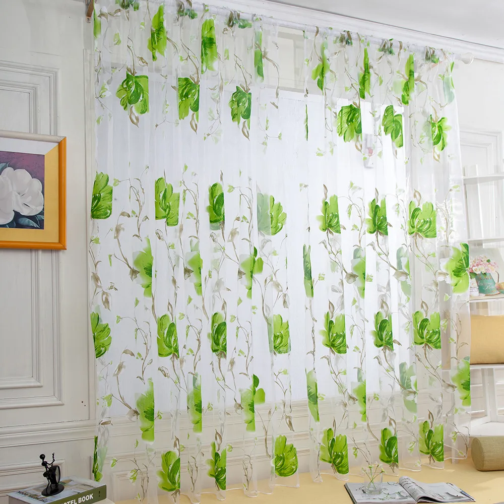 1/2 Stück Ranken Blätter Tüll Tür Fenster Vorhang Drapieren Panel Sheer Schal Volants Buntes Blumenmuster Transparente Vorhänge