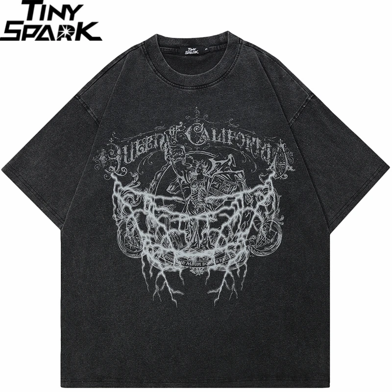 

Hip Hop 2024 Vintage Washed Black T-Shirt Streetwear Retro Graphic Lightning T Shirt Cotton Unisex Tshirt Men Tops Tees Hipster
