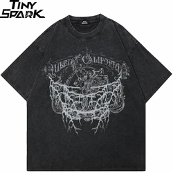 Hip Hop Vintage Washed Black T-Shirt Streetwear Retro Graphic Lightning T Shirt Cotton Unisex Tshirt Men Tops Tees Hipster